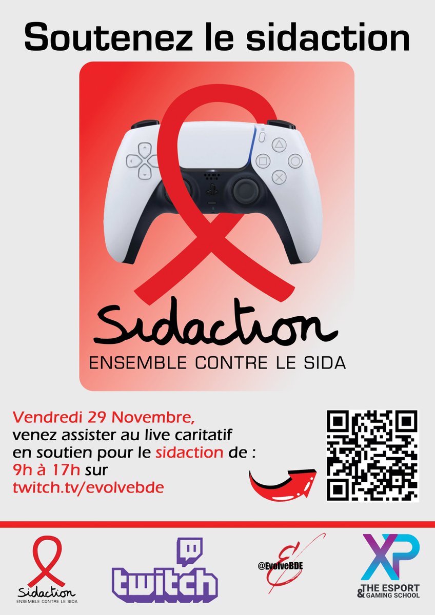 ✨ Vendredi 29/11/24, XP School Lyon se mobilise pour la 18e édition du Sidaction ! ❤️🎗️

De 9h à 17h, assistez à 🎮 parties de jeux vidéo, 🃏 ouvertures de boosters &amp; défis créatifs 🎨.

🎥 En live sur Twitch : twitch.tv/evolvebde
💳 Donnez pour la bonne cause ! 
#xplyon
