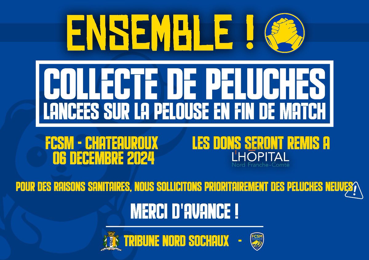 tribune_nord_sx's tweet image. [Collecte Peluches TNS]

🎄🧸À l’approche des fêtes de noël, nous organisons une collecte de peluches.

🏟️ Chaque personne qui le souhaite est invitée à se rendre au stade avec sa peluche, ces peluches seront lancées au bord de la pelouse à la fin du match. 

Merci à tous. 🟡🔵