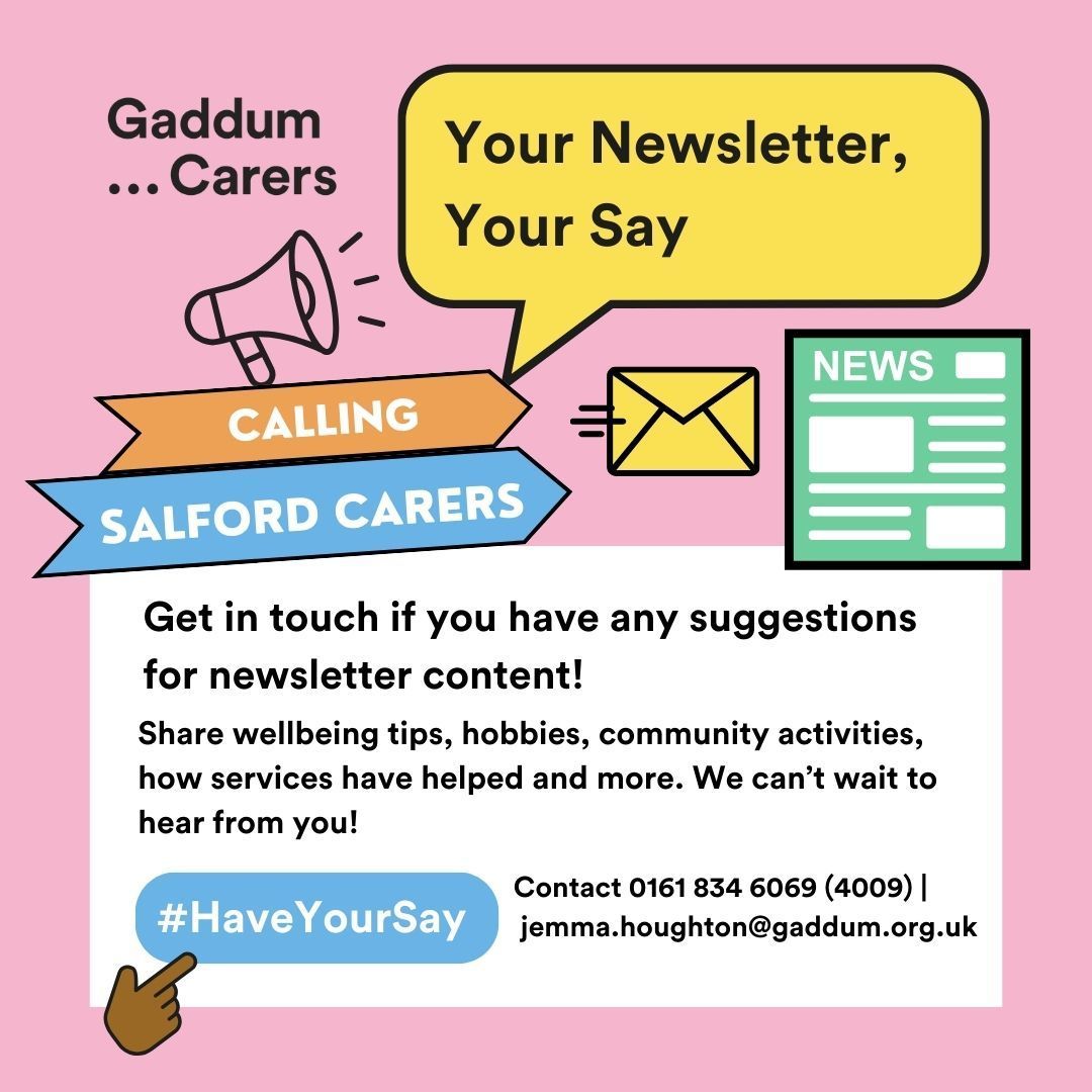 Hi #SalfordCarers, we’d love for you to contribute content for our e-newsletter! 

It’s sent out to 700+ carers &amp; professionals, so others can benefit from your knowledge.

Contact Jemma Houghton, your Carers Involvement Worker. 

To subscribe: gaddum.org.uk/carers/salford…