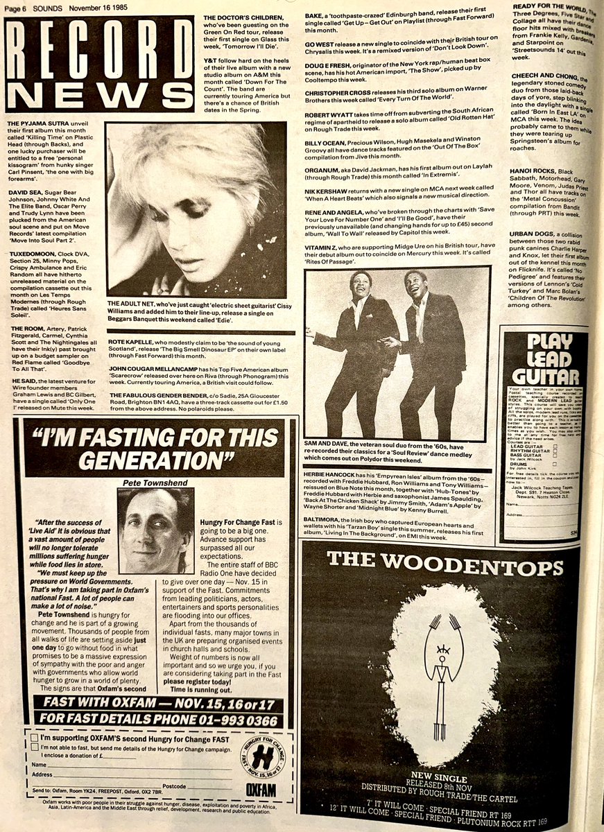 ZoundsAbound's tweet image. A round up of this week’s Record &amp;amp; Tour News featuring information on #ThePyjamaSutra, #HeSaid, #TheAdultNet @johnmellencamp @YandTRocks @NikKershaw #RobertWyatt #EyelessInGaza #TheJuneBrides #TheHappyHouse &amp;amp; #TheGleeClub 

Sounds Nov 16th 1985