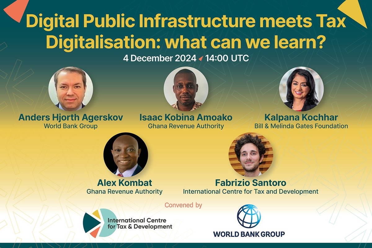 International Centre for Tax and Development (@ictdtax) on Twitter photo 🚨 Join us next week in a webinar that will explore how digitalisation is reshaping tax administration in low income countries.
🗓️ 4 December 2024 (14:00-15:00 GMT)
📍 Online
👉 Register here: ow.ly/ZhAz50Ug3RI
#TaxTwitter | <a href="/WorldBank/">World Bank</a> | <a href="/GhanaRevenue/">GRA</a> | <a href="/gatesfoundation/">Gates Foundation</a> 🚨 Join us next week in a webinar that will explore how digitalisation is reshaping tax administration in low income countries.
🗓️ 4 December 2024 (14:00-15:00 GMT)
📍 Online
👉 Register here: ow.ly/ZhAz50Ug3RI
#TaxTwitter | <a href="/WorldBank/">World Bank</a> | <a href="/GhanaRevenue/">GRA</a> | <a href="/gatesfoundation/">Gates Foundation</a>
