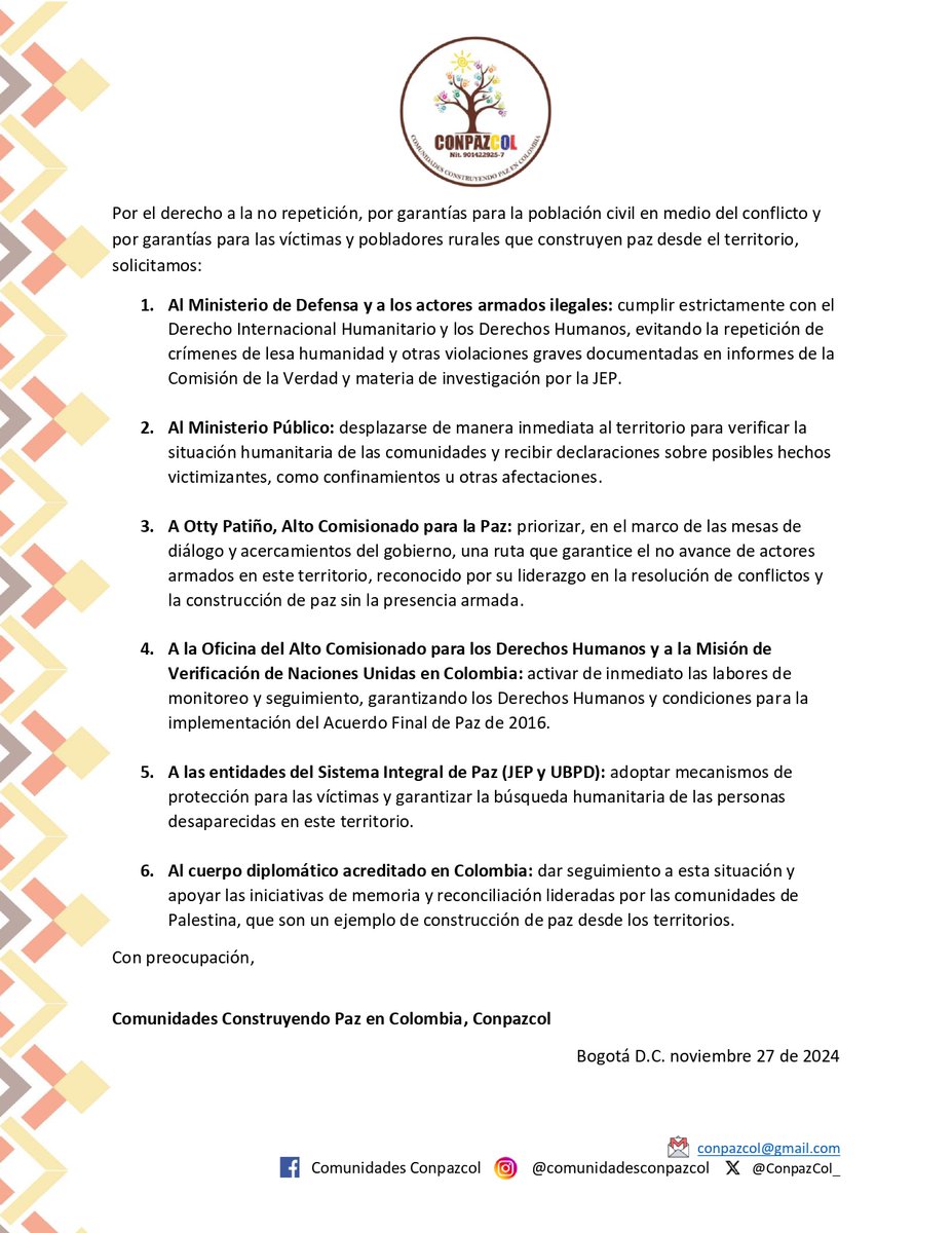 🔴 #Atención | #Hulia | Urgente proteger a la población civil en #Palestina.  Confrontación armada afecta la tranquilidad y pone en riesgo la construcción de paz y la no repetición que se lidera desde el territorio.

<a href="/petrogustavo/">Gustavo Petro</a> <a href="/FranciaMarquezM/">Francia Márquez Mina</a> <a href="/infopresidencia/">Presidencia Colombia 🇨🇴</a> <a href="/ViceColombia/">Vicepresidencia Colombia</a>