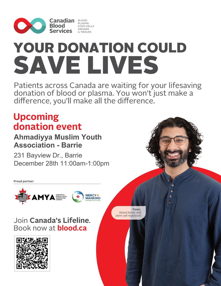 As part of Ahmadiyya Muslim Youth Association Canada's nationwide blood donation campaign, our Muslim Youth from Barrie, ON chapter of <a href="/AMYACanada/">Muslim Youth Canada</a> is donating blood

🗓️ December 28, 2024
🕛 11AM - 1PM
📍 231 Bayview Dr, Barrie, ON

#CanadasLifeLine #Mercy4Mankind #Barrie