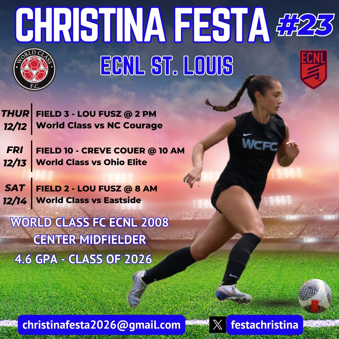 Christina Festa 2026 (@festachristina) on Twitter photo Looking forward to competing with my team at #ECNL St. Louis next week! Coaches, please see our schedule below. We would love to have you come watch us in action!
<a href="/ECNLgirls/">ECNL Girls</a> <a href="/WCFC08ECNL/">WCFC08ECNL</a> <a href="/WorldClassFC1/">World Class FC</a> <a href="/ImYouthSoccer/">ECNL/GA/Recruiting/College Soccer</a> <a href="/ImCollegeSoccer/">College Soccer Truth ™</a> <a href="/TopDrawerSoccer/">TopDrawerSoccer</a> <a href="/TheSoccerWire/">SoccerWire</a> <a href="/PrepSoccer/">Prep Soccer ⚽️</a> Looking forward to competing with my team at #ECNL St. Louis next week! Coaches, please see our schedule below. We would love to have you come watch us in action!
<a href="/ECNLgirls/">ECNL Girls</a> <a href="/WCFC08ECNL/">WCFC08ECNL</a> <a href="/WorldClassFC1/">World Class FC</a> <a href="/ImYouthSoccer/">ECNL/GA/Recruiting/College Soccer</a> <a href="/ImCollegeSoccer/">College Soccer Truth ™</a> <a href="/TopDrawerSoccer/">TopDrawerSoccer</a> <a href="/TheSoccerWire/">SoccerWire</a> <a href="/PrepSoccer/">Prep Soccer ⚽️</a>