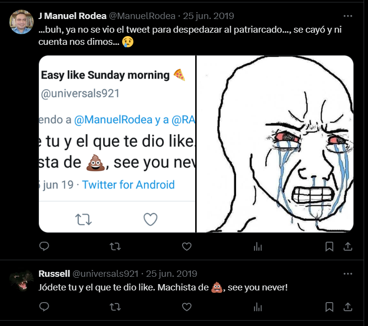 universal921's tweet photo. Que tierno que un pinche cincuentón con problemas de próstata responda con un puto wojak como "argumento", como si fuese un nene edgy de hispachan. Y pues ni modo, el aborto seguirá siendo legal aunque te explote el hígado cirroso por no poder hacer nada al respecto. https://t.co/NFTzYvDXns