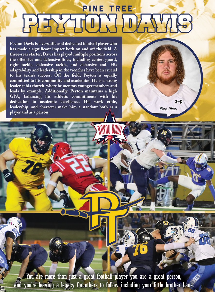 🏈 Congrats to Peyton Davis from <a href="/PineTreeFB/">Pine Tree Football</a> for being selected to represent East Texas and the <a href="/ETCAcoaches/">East Texas Coaches Association</a> in this years <a href="/BayouBowlGHFCA/">Bayou Bowl</a> 🏈<a href="/MrDerrickConley/">Derrick Conley</a> <a href="/Team_Funded/">TeamFunded</a> <a href="/JasonBachman10/">Jason Bachman</a> <a href="/J_Jacob_Holder/">Jacob Holder</a>