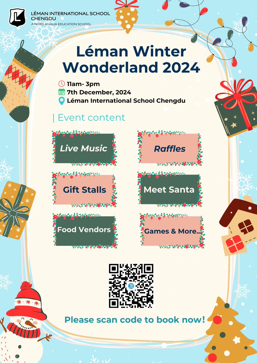 LemanChengdu's tweet image. The countdown is on! The much-anticipated Léman Winter Wonderland is just 3 days away! Join us this Saturday, December 7, 2024, from 11:00 AM to 3:00 PM at LIS Chengdu for a festive, family-friendly celebration filled with music, exciting activities, and the spirit of giving!
