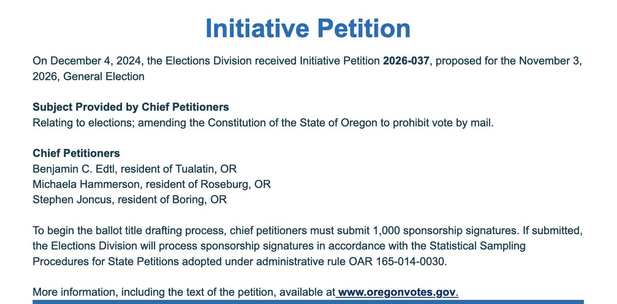 Inbox: initiative petition filed to try to repeal Oregon's vote by mail. Petitioners want a 2026 ballot measure. They need 1,000 signatures (and a ballot measure title review) to get there. Edtl, a Republican who ran for state office 2x, is an outspoken opponent of mail voting.
