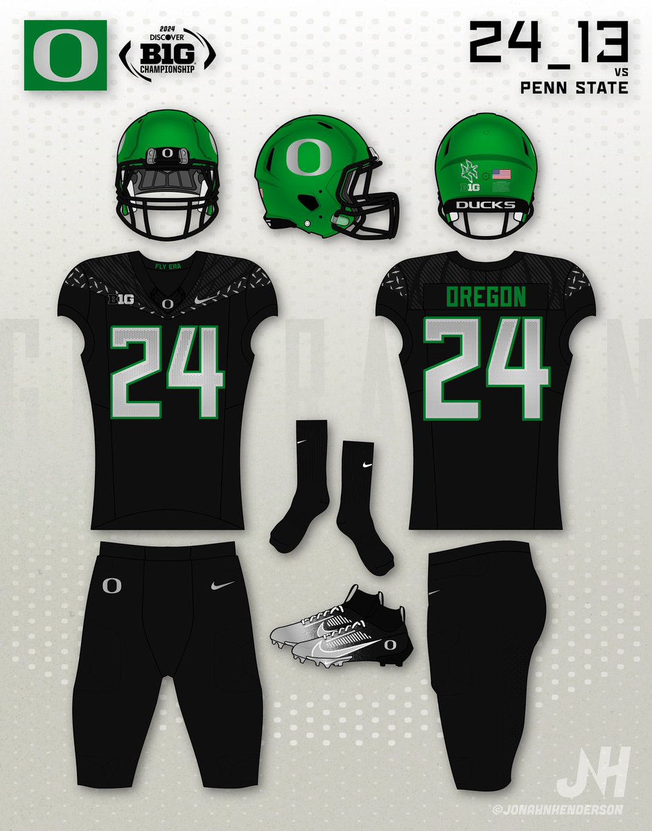JonahNHenderson's tweet photo. Game 13 uniform for @oregonfootball: Laser Cut💎❇️

- 🟢⚫️⚫️ for the 1st time since ‘08, 𝙛𝙞𝙧𝙨𝙩 𝙩𝙞𝙢𝙚 w/ apple green lids!

- 1st time a black facemask has been used on a green lid since ‘14!

- 1st time a chrome ‘O’ decal has ever appeared on an apple green lid!

#GoDucks https://t.co/7sj0TjSUsN