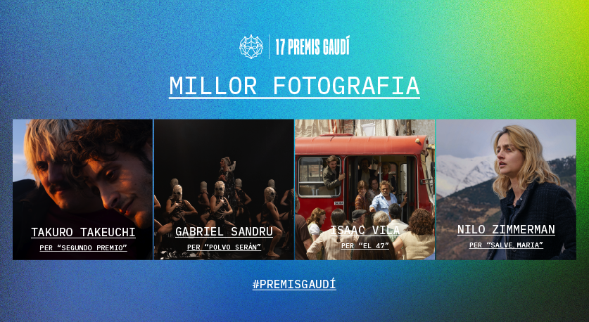 academiacinecat's tweet photo. Les nominacions a MILLOR FOTOGRAFIA són:
🎬 Isaac Vila, per EL 47.
🎬 Gabriel Sandru, per POLVO SERÁN.
🎬 Nilo Zimmermann, per SALVE MARIA.
🎬 Takuro Takeuchi, per SEGUNDO PREMIO.

Enhorabona a totes i molta sort!
#PremisGaudí https://t.co/wWjMPDElTt