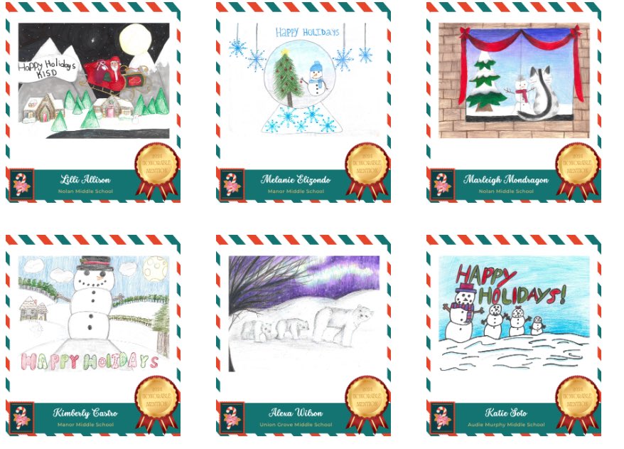 ManorMSRams's tweet image. Two of our #ramtastic students were awarded honorable mention for their 2024 Holiday card artwork:  

Melaine Elizondo
Kimberly Castro

Way to go! #RamPride