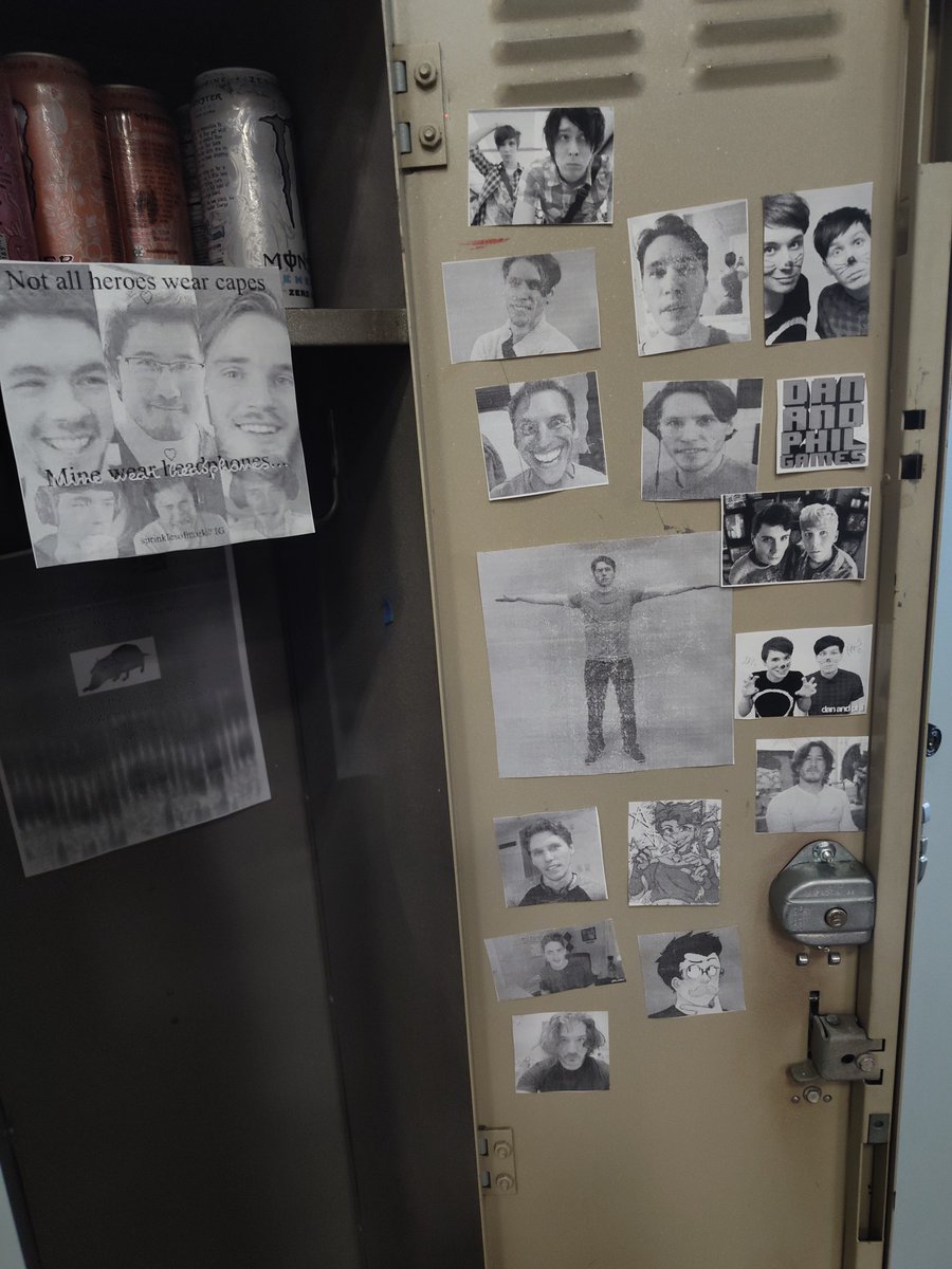 Sound_gay's tweet photo. @AmazingPhil @DanAndPhilGAMES My siblings phan, jerma985, and markiplier locker. Pictures printed on a school computer and printer. Absolutely iconic https://t.co/urBw0yn6rh