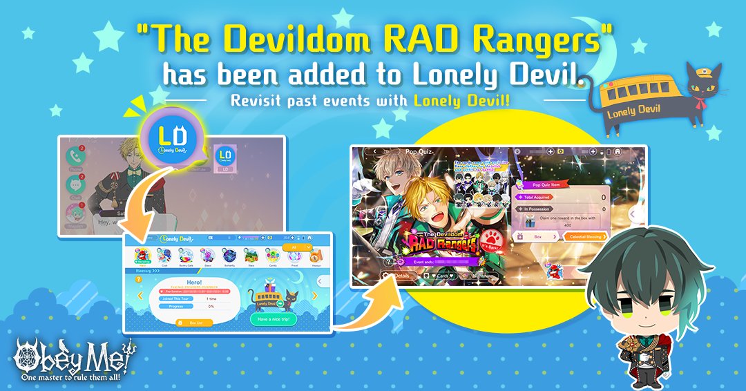 ObeyMeOriginal's tweet image. The Pop Quiz &quot;The Devildom RAD Rangers&quot; has been added to Lonely Devil.
Time to check out this new destination in Lonely Devil! 

#Obeyme #obeymemasters #obeymejp #SWD #otome #game