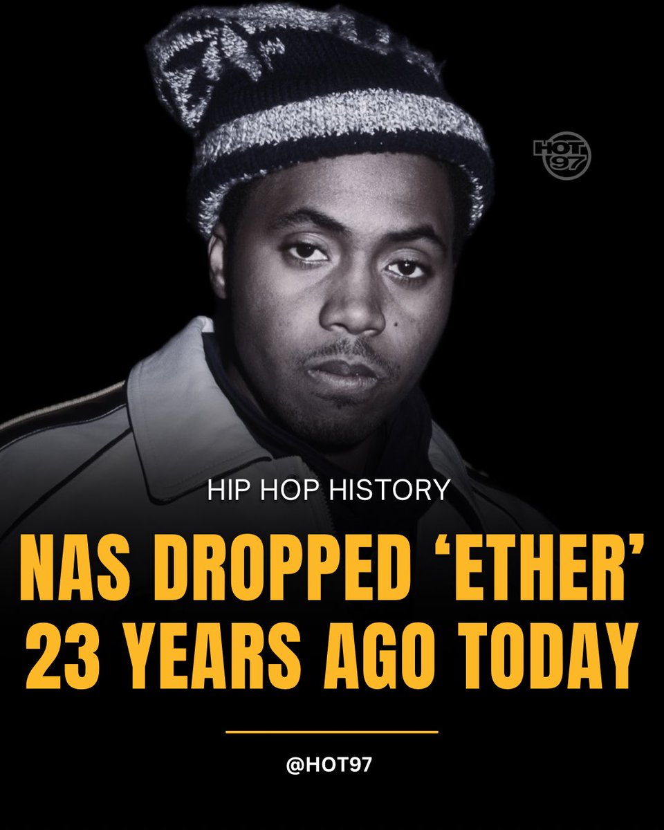 HOT97's tweet photo. #NAS released ‘ETHER’ 23 Years Ago today! Is this song one of the greatest diss songs ever? 👇👀 https://t.co/BG7fTlUcMz