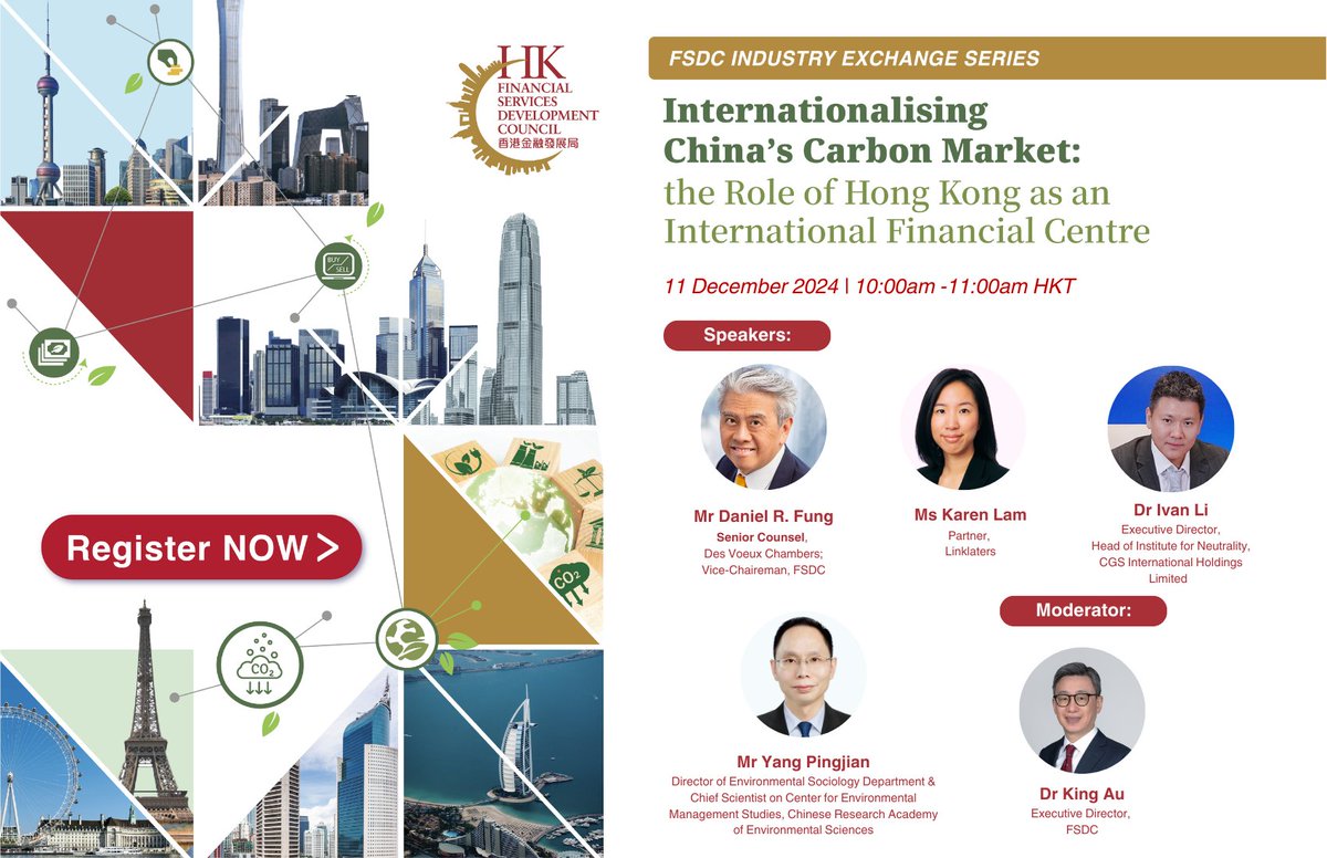 Join Us at #FSDC #Webinar on How #HongKong ‘s unique position to access China’s #carbontrading market for #crossborder investments.

Date/Time: December 10, 2024 8:00-9:00 PM CST / 9:00-10:00PM EST
Register here: bit.ly/41CDx2H

#greenfinance #sustainablefinance