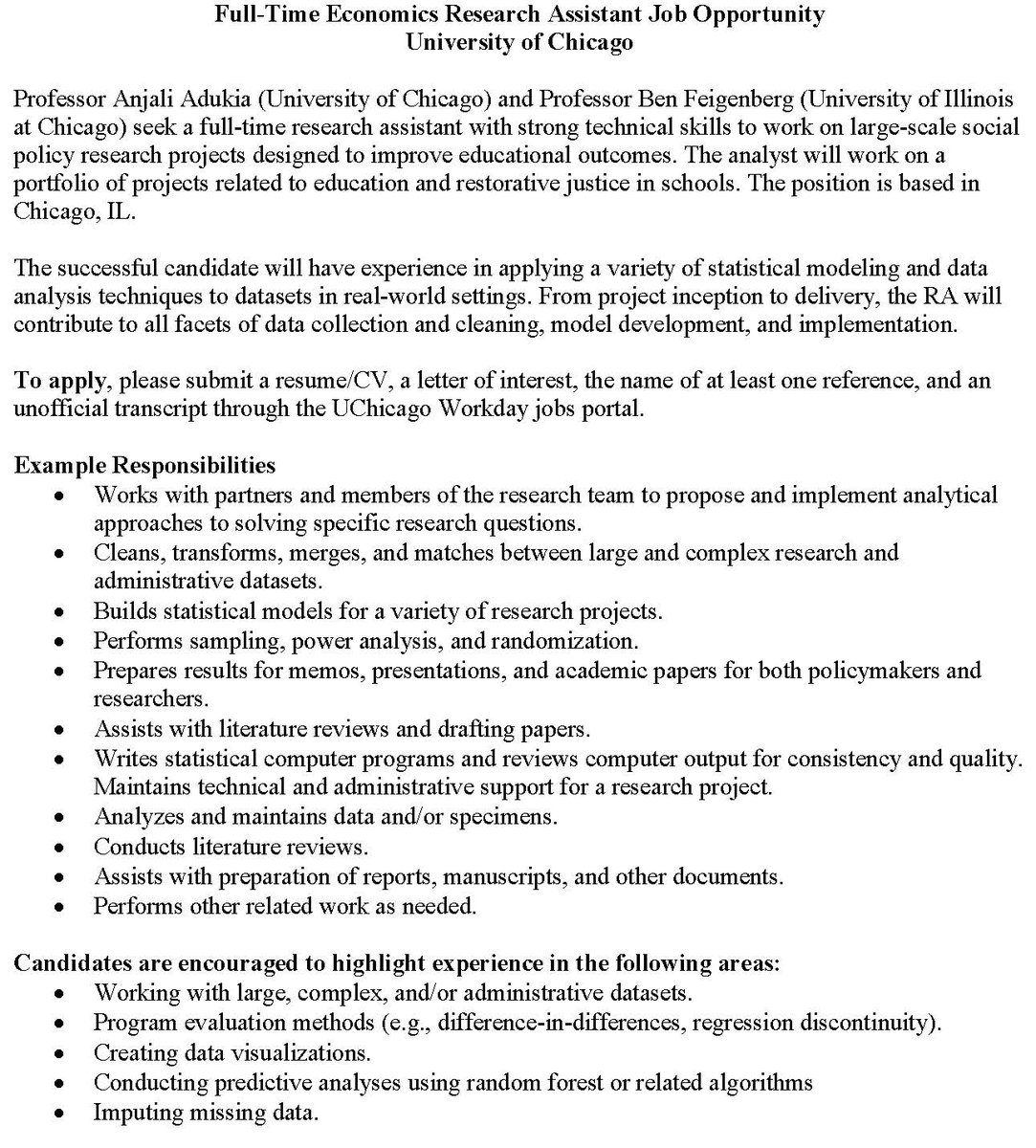Anjali Adukia (@aadukia) on Twitter photo Econ RA/Predoc Opportunity!
Ben Feigenberg & I are looking for an RA to work with us on projects studying the impacts of restorative justice in schools. Apply here!
uchicago.wd5.myworkdayjobs.com/en-US/External…
<a href="/econ_ra/">Econ RA Listings</a> <a href="/thisisUIC/">University of Illinois Chicago</a> <a href="/HarrisPolicy/">Harris Policy</a> <a href="/BeckerFriedman/">Becker Friedman Institute for Economics</a> (thanks, <a href="/wtgrantfdn/">WT Grant Foundation</a>!)
#EconTwitter Econ RA/Predoc Opportunity!
Ben Feigenberg & I are looking for an RA to work with us on projects studying the impacts of restorative justice in schools. Apply here!
uchicago.wd5.myworkdayjobs.com/en-US/External…
<a href="/econ_ra/">Econ RA Listings</a> <a href="/thisisUIC/">University of Illinois Chicago</a> <a href="/HarrisPolicy/">Harris Policy</a> <a href="/BeckerFriedman/">Becker Friedman Institute for Economics</a> (thanks, <a href="/wtgrantfdn/">WT Grant Foundation</a>!)
#EconTwitter