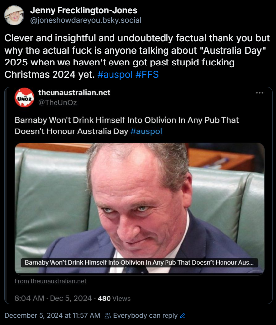 JonesHowDareYou's tweet photo. @deniseshrivell @cheryl_kernot @YaThinkN Not even I want to "ban" xmas. But this confected Australian Day outrage in early December is driving me batty. https://t.co/MhgkdUTv20
