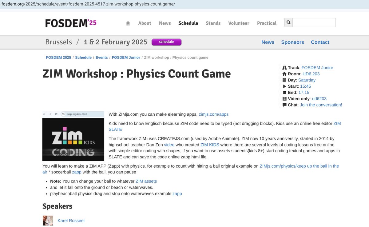 karel_rosseel's tweet image. Gratis leren coderen in VUB Brussel op 3+4 februari 2025 voor iedereen die op de hoogte wil zijn van nieuwe code op FOSDEM 2025 waar ik workshop ga geven voor jongeren: JS javascript coderen met #ZIMjs link fosdem.org/2025/schedule/… Tot dan, vergeet niet gratis in te schrijven :-)