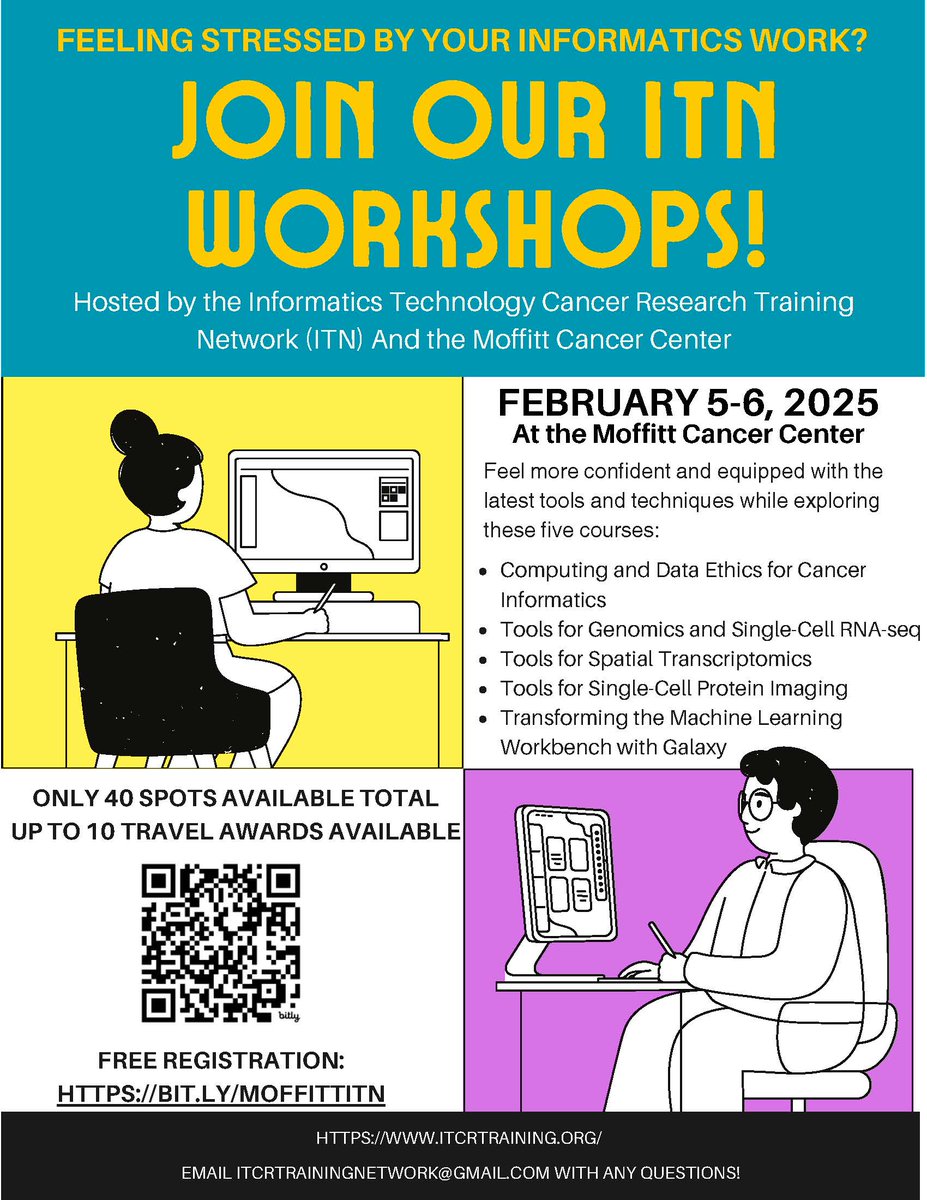 The ITCR training Network will be hosting a free bioinformatics workshop series Feb 5-6th. See the registration link (bit.ly/itnmoffitt) and attached flier for more information. A limited number of travel scholarships are available.