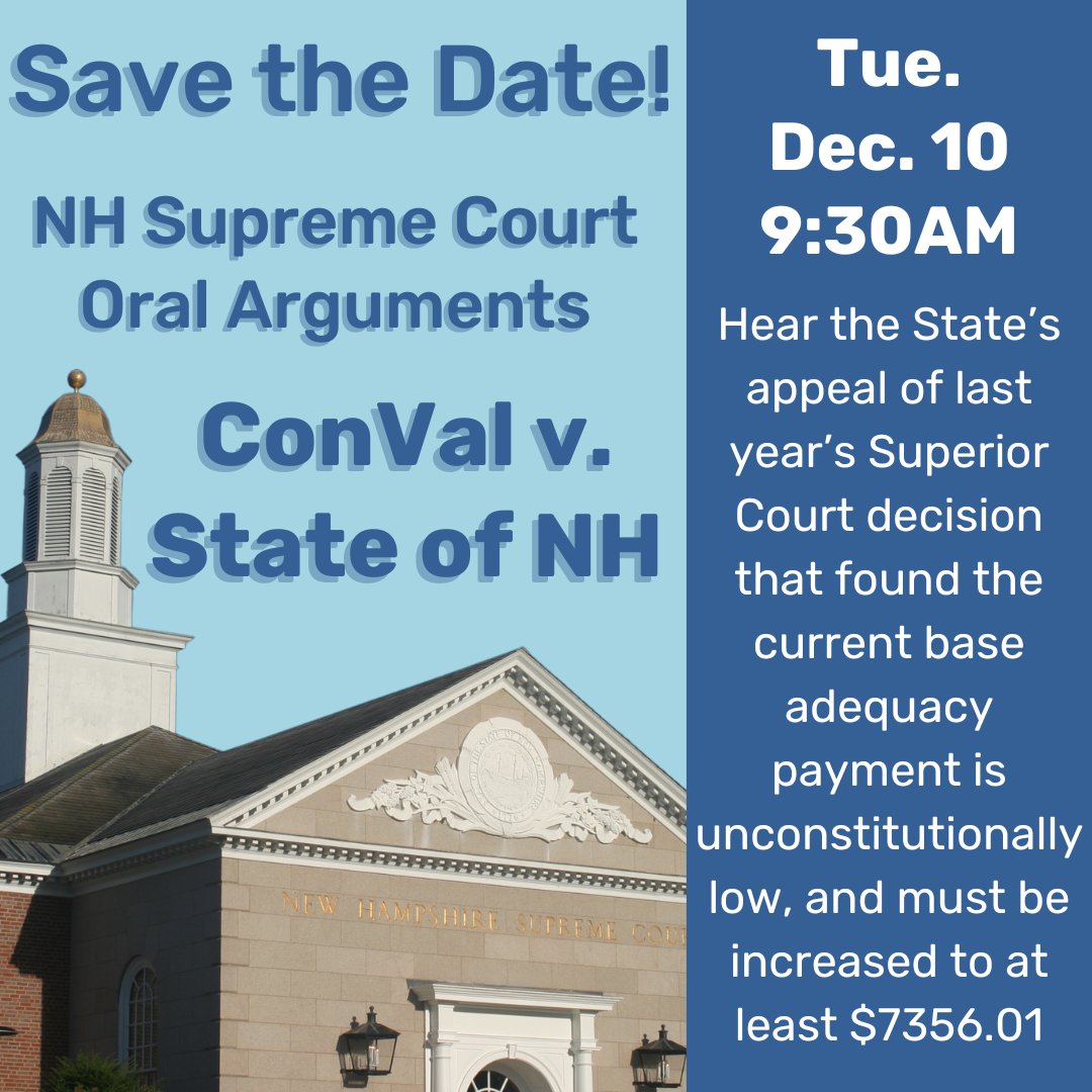 fairfundingnh's tweet image. Don't forget that you can tune in live to the NH Supreme Court oral arguments in the ConVal lawsuit at 9:30am next Tuesday (12/10) on the Court's website: courts.nh.gov/our-courts/sup…