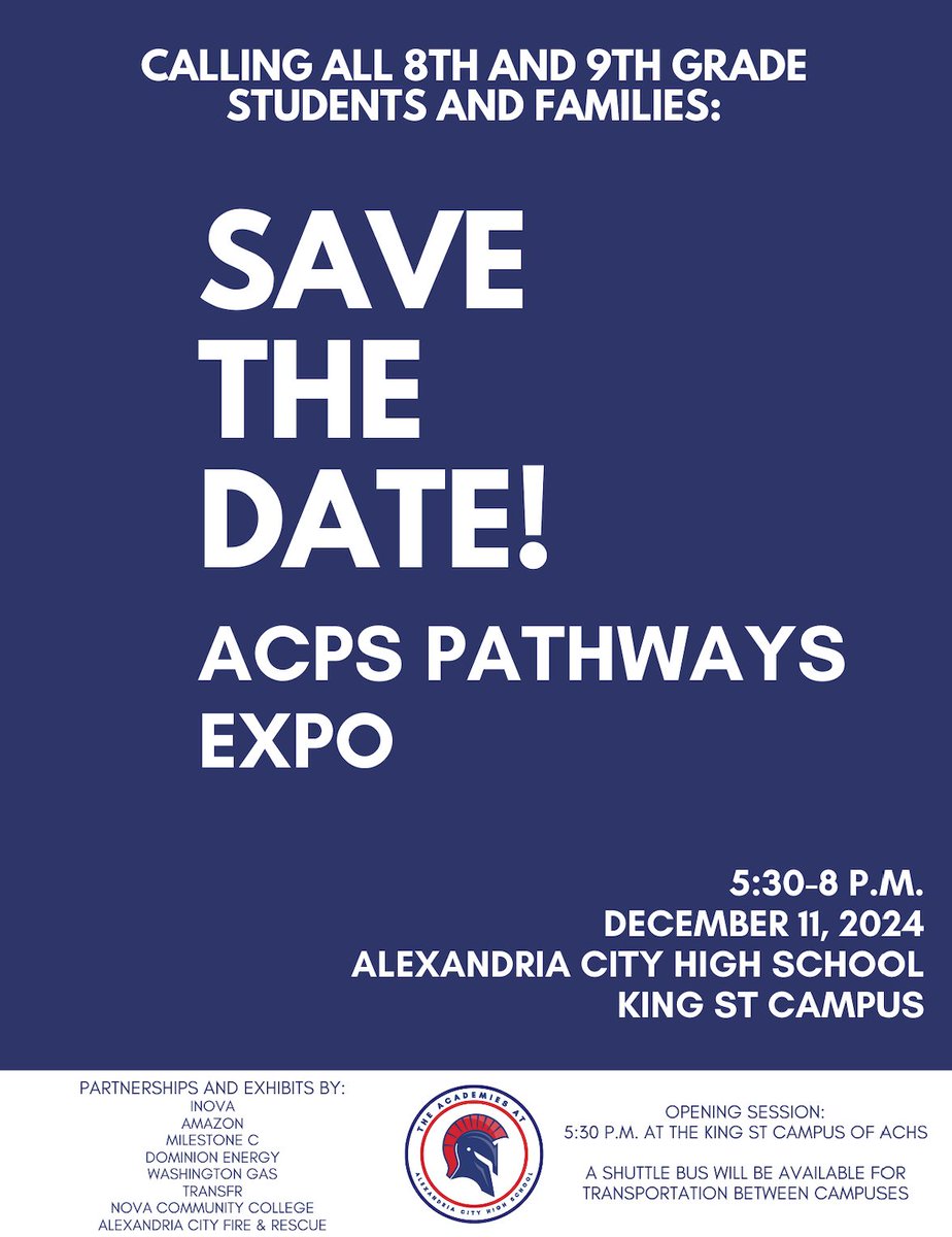 Eighth and ninth graders  — and their families  — are invited to attend the ACPS Pathways Expo next week on Dec. 11, 2024! Meet teachers, students and business partners, tour lab space and participate in live demos. RSVP: acps.cc/pathwaysexpo 🔔 #ACPSIsTheBest #AcademiesACHS