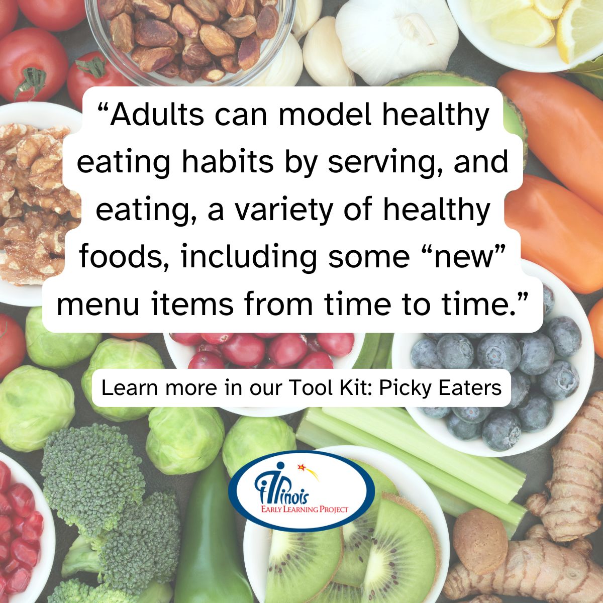 “Adults can model healthy eating habits by serving, and eating, a variety of healthy foods, including some “new” menu items from time to time.” 🥕 
Learn more in our Tool Kit: Picky Eaters.
illinoisearlylearning.org/toolkits/picky… 
#WednesdayWisdom #Nutrition