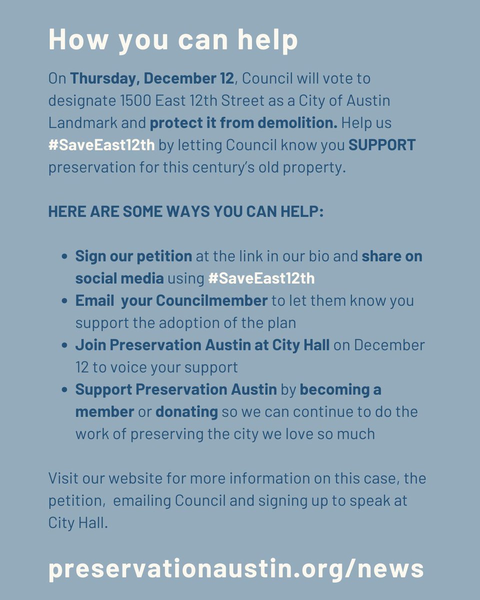 CALL TO ACTION! East Austin's Black heritage is under threat❗️

Dallas-based developer Eureka Holdings is trying to demolish 1500 E 12th St. Let Council know that you SUPPORT historic designation for the property and ask that they #SaveEast12th

preservationaustin.org/news/save-east…