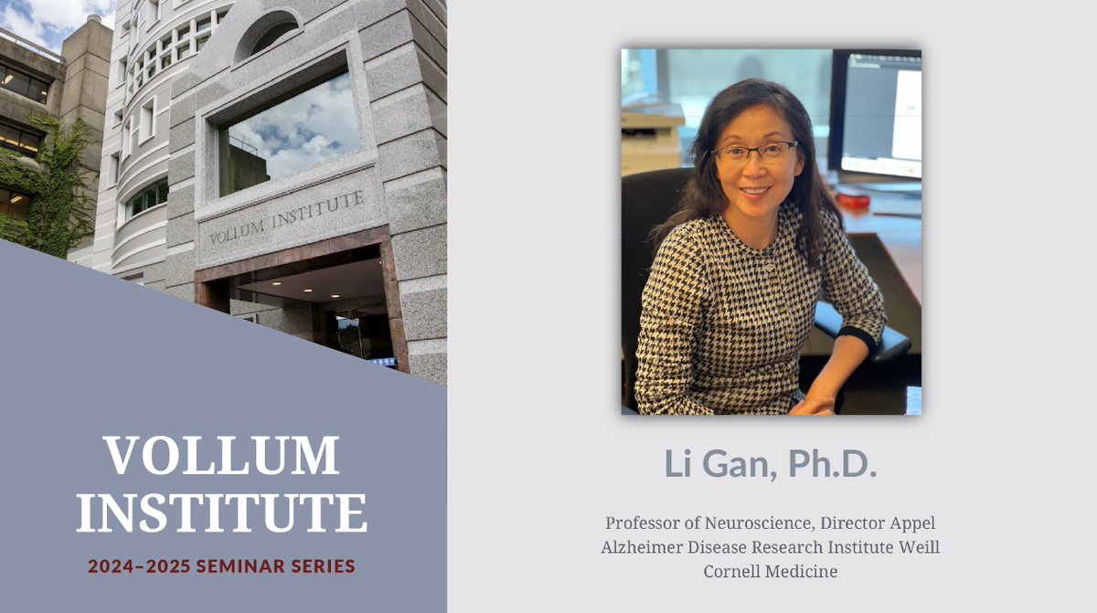 Vollum Seminar Series continues Thursday (12/05) with Dr. Li Gan, from <a href="/WeillCornell/">Weill Cornell Medicine</a>, presenting "Neuroimmune Interaction in Alzheimer's Disease" at noon in M1441 of the Vollum. Login &amp; stream from link on our site: bit.ly/4dXx9pc #Alzheimers 
cc: <a href="/LiGanLab/">Gan Lab</a> <a href="/HainingZhong/">Haining</a>