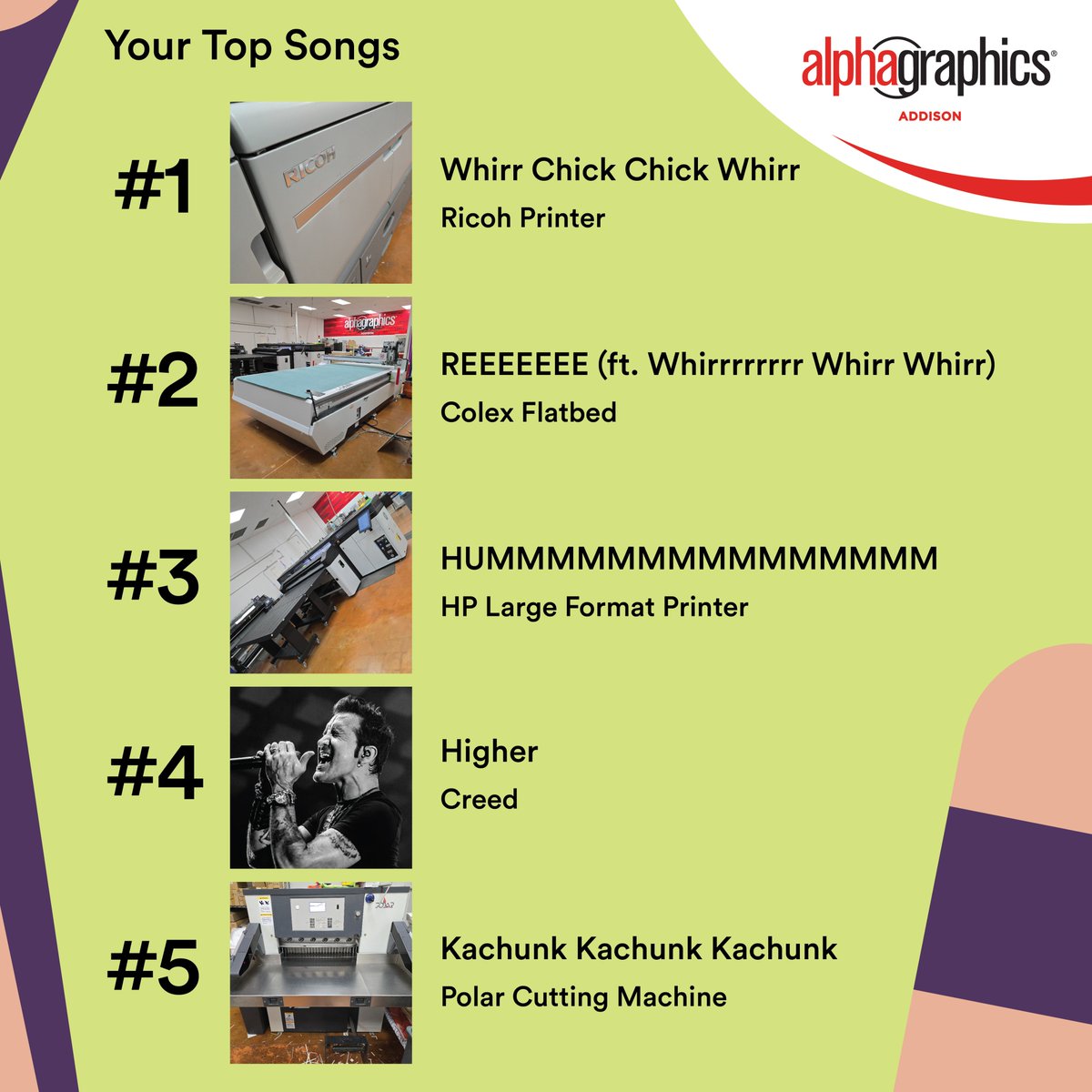 AlphaAddison391's tweet image. 🎶 🎵 🎧 🎤 🎸 🎹 🎼  Our Spotify Wrapped!  Certified bangers, all of em. 🎷 🎺 🎻 🎷 🎺 🎸 🎶
#alphagraphicsaddison #AlphaGraphics #addisontx #addison #printing #printshop #SpotifyWrapped #spotifywrapped2024