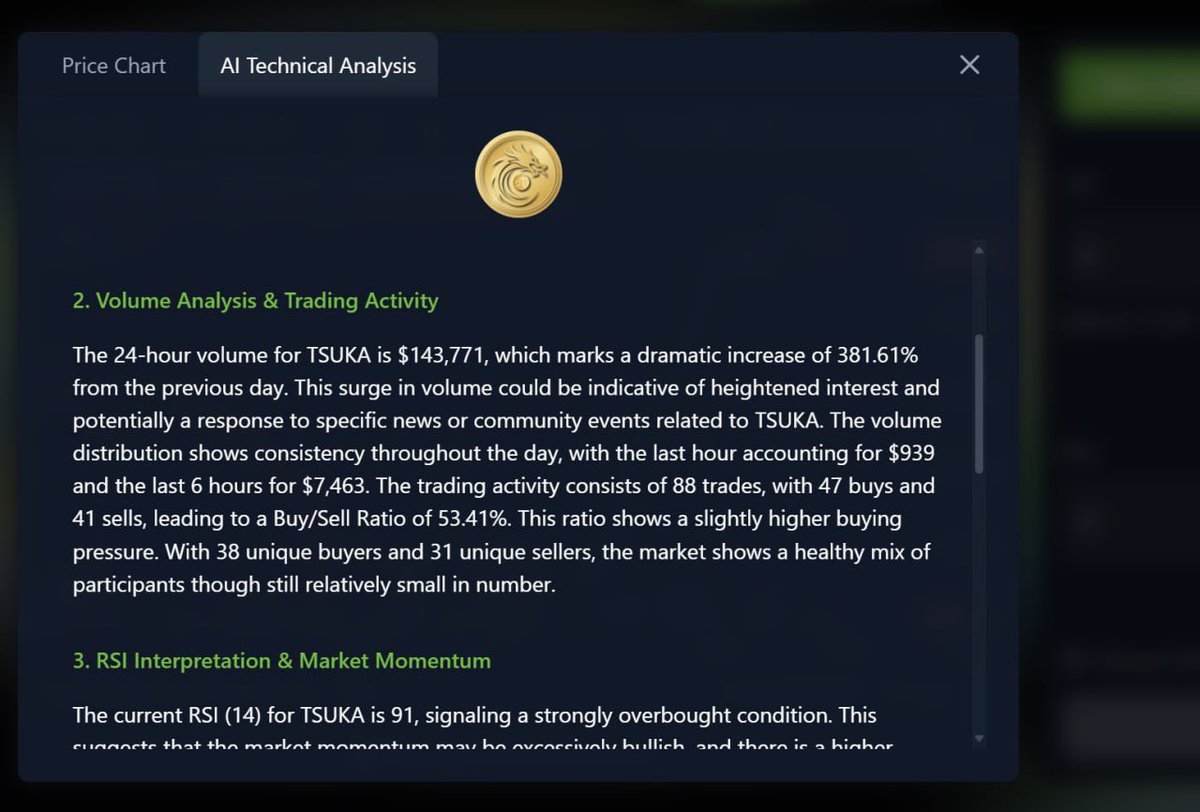 tsukaphilosophy's tweet photo. URULOKI UPDATE:
We will be launching our revolutionary DEX aggregator in the next 48 hours!!!
Every fee will buy and burn $TSUKA, reducing supply and driving value🔥⚡️
We have also created a revolutionary feature for Dex aggregators. Our AI integration optimizes trading on our DEX aggregator by analyzing markets in real time. This will help you make better informed decisions as a trader.
Example image below.