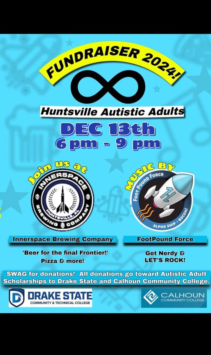 Come by our next show on Friday the 13th at InnerSpace Brewing Company!  We are partnering with Huntsville Autistic Adults for a big fundraiser to help out with local scholarships for neurodivergent members of our community.