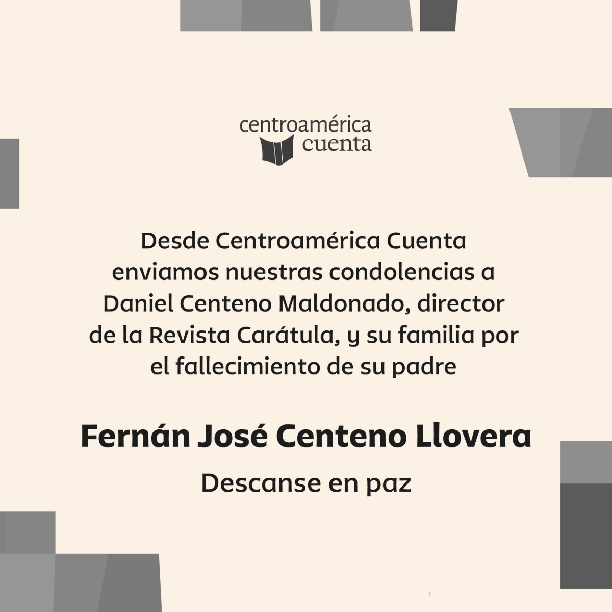 Centroamérica Cuenta lamenta el fallecimiento del padre de <a href="/dcenteno1/">Daniel Centeno</a>  de <a href="/revistacaratula/">Revista Carátula</a>.

Desde el festival, expresamos nuestras condolencias a él y a su familia, deseándoles fortaleza en este difícil momento.

Descanse en paz 🕊️