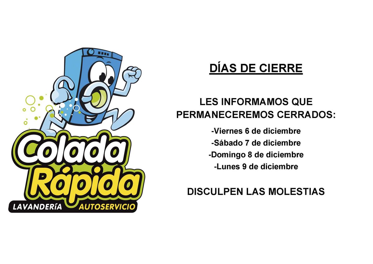 ColadaRapida's tweet photo. Informamos que nuestro establecimiento en la Avda Villamayor de Salamanca  permanecerá cerrado los días 6, 7, 8 y 9 de diciembre. Disculpen las molestias. #SomosDiferentes https://t.co/5WGxoYfTNc