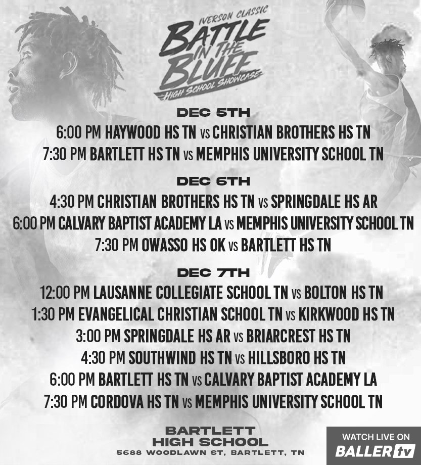 Bobby Bates (@bobbybatesimbe) on Twitter photo Memphis TN, The Battle In the Bluff brought to you by Iverson Classic <a href="/iversonclassic/">Allen Iverson Roundball Classic</a> is back Dec 5th-7th. Another great year of Elite talent and Matchups. Bartlett HS starting tomorrow. Come see the future stars of basketball. Memphis TN, The Battle In the Bluff brought to you by Iverson Classic <a href="/iversonclassic/">Allen Iverson Roundball Classic</a> is back Dec 5th-7th. Another great year of Elite talent and Matchups. Bartlett HS starting tomorrow. Come see the future stars of basketball.