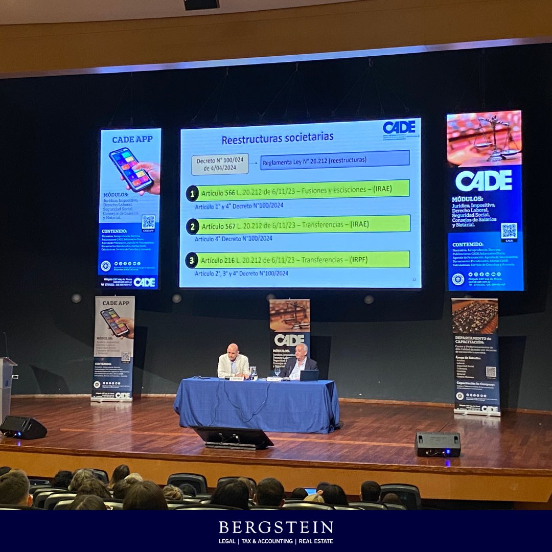 SomosBergstein's tweet photo. La Cra. Victoria Fraschini y el Cr. Sebastián Guido participaron en la sesión tributaria de la XIII Jornada de Actualización del CADE 2024, donde se analizaron los principales hitos del año en materia fiscal y se debatieron las novedades que traerá 2025.

#SomosBergstien #CADE https://t.co/2KFOcofETK