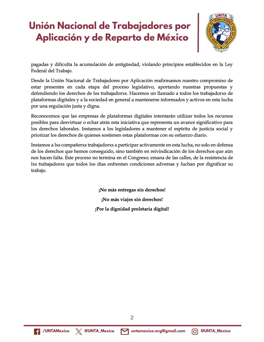 🚨 ¡El proceso legislativo para regular el trabajo en plataformas digitales ha comenzado! 🚨
La UNTA celebra que, tras años de lucha, se presenta una iniciativa para proteger nuestros derechos. 
#UNTA #TrabajadoresdePlataformasDigitales #Regulacion #NoMasEntregasSinDerechos