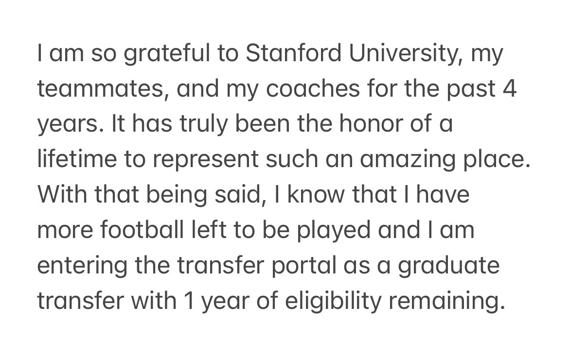 Thank you Stanford. I have entered the transfer portal as a graduate transfer.