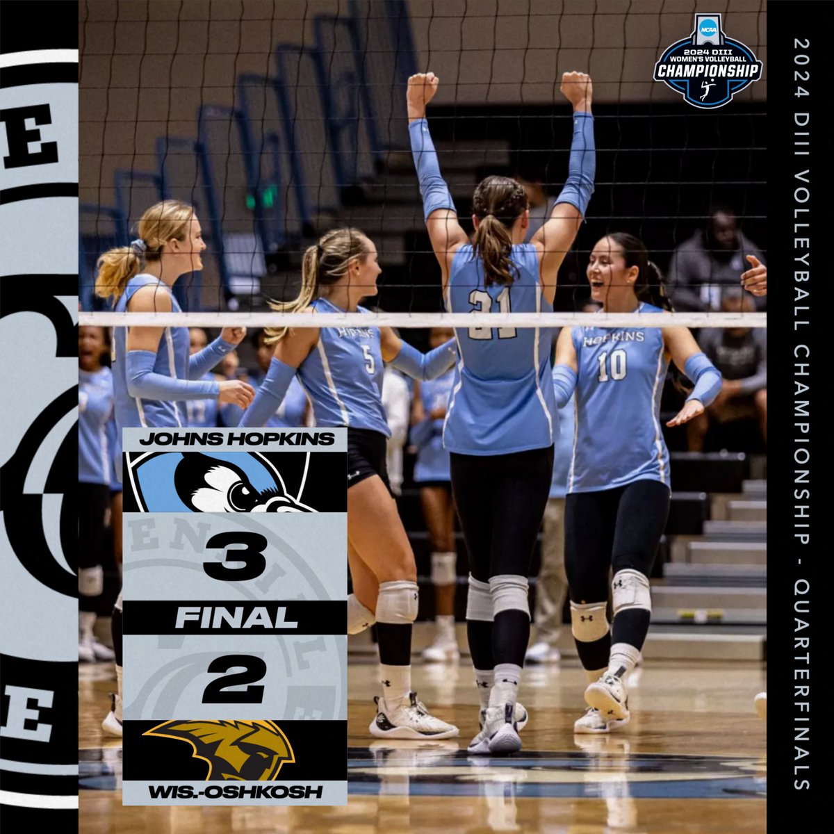 CentennialConf's tweet image. VB | NCAA ELITE 8️⃣ 

FINAL: @JHUVB 3, Wis.-Oshkosh 2

The Blue Jays punch their ticket to the NCAA DIII Volleyball Final 4️⃣ for the first time since 2019! 
Next up: Wis.-Whitewater.

#CCvb #d3vb #IgnitingGreatness