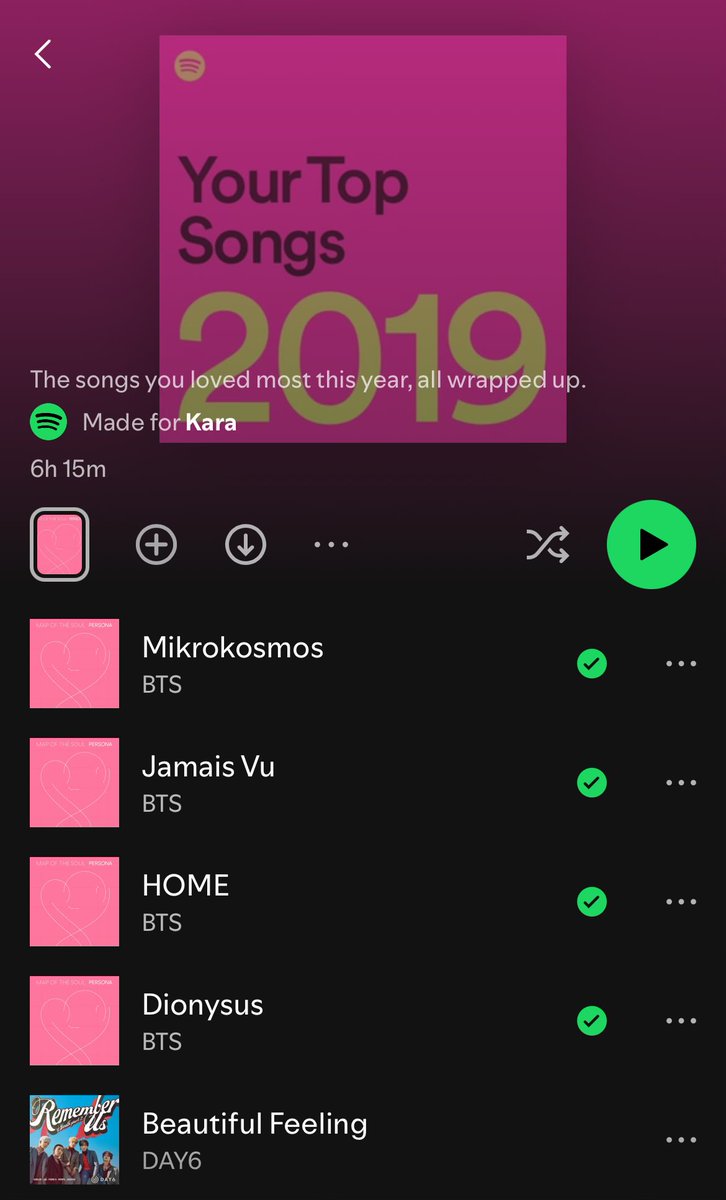 karzabrah's tweet photo. @BTS_twt 2019 #SpotifyWrapped 

i forgot to take a screenshot of the actual stats for 2019 but at least the 2019 top songs playlist is still in my library 😌 https://t.co/jHhgg4zt3X