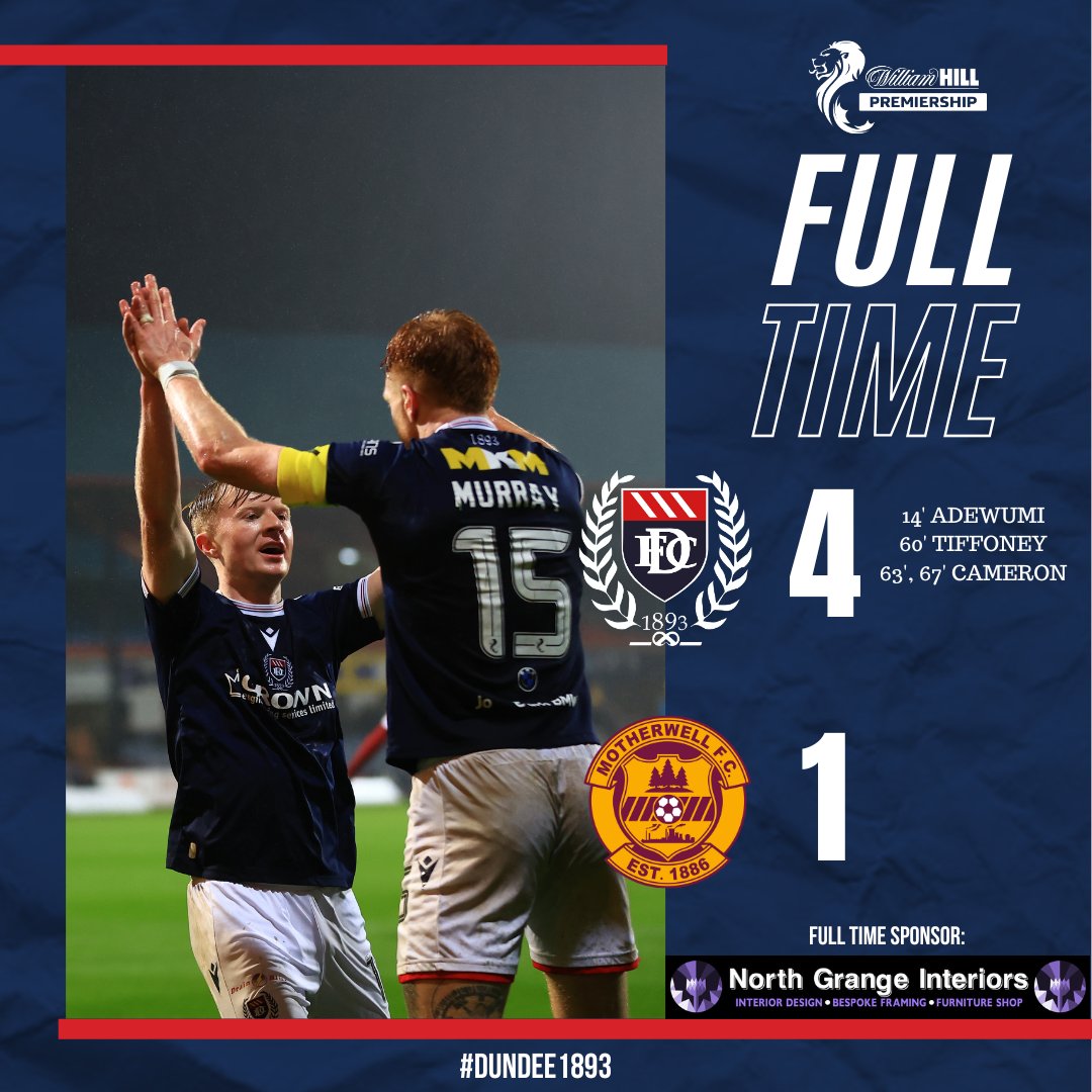 DundeeFC's tweet photo. FULL TIME

A fantastic team performance earns us 3 points at home! +3️⃣

Dundee FC 4-1 Motherwell FC

#Dundee1893 https://t.co/u81He5NiH2