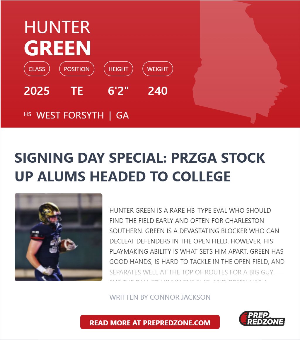 Connor Jackson (@cjacksonprz) on Twitter photo #PRZGAStockUp Tour Alum Signee Profile
<a href="/WestForsythFB/">WestForsythFootball</a> TE <a href="/Hunterg2424/">Hunter Green</a> headed to CSU
True HB type player. Devastating blocker, but a special playmaker at his size. Can get you 20 yards and a cloud of dust in the flats. Separates well for his size when split out wide. #PRZGAStockUp Tour Alum Signee Profile
<a href="/WestForsythFB/">WestForsythFootball</a> TE <a href="/Hunterg2424/">Hunter Green</a> headed to CSU
True HB type player. Devastating blocker, but a special playmaker at his size. Can get you 20 yards and a cloud of dust in the flats. Separates well for his size when split out wide.