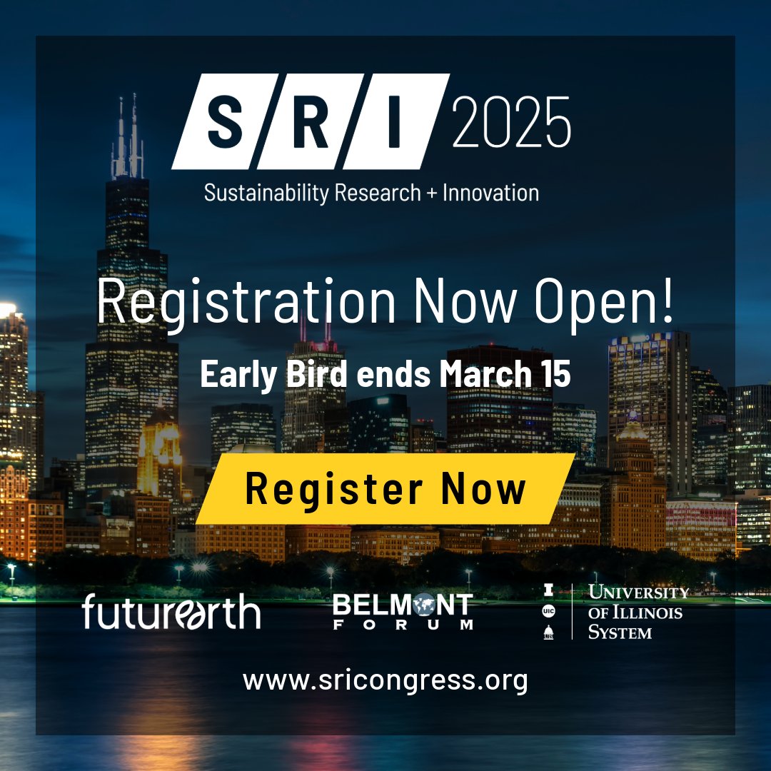 Sustainability Research & Innovation Congress (@sricongress) on Twitter photo Registration is now open for the world's premiere sustainability research and innovation congress!
Secure your ticket at an early bird rate and join us in Chicago June 16-19 for #SRI2025.
Register 👉 sricongress.org
<a href="/FutureEarth/">Future Earth (@futureearth.bsky.social)</a> <a href="/Belmont_Forum/">Belmont Forum</a> <a href="/UofILSystem/">University of Illinois System</a> Registration is now open for the world's premiere sustainability research and innovation congress!
Secure your ticket at an early bird rate and join us in Chicago June 16-19 for #SRI2025.
Register 👉 sricongress.org
<a href="/FutureEarth/">Future Earth (@futureearth.bsky.social)</a> <a href="/Belmont_Forum/">Belmont Forum</a> <a href="/UofILSystem/">University of Illinois System</a>