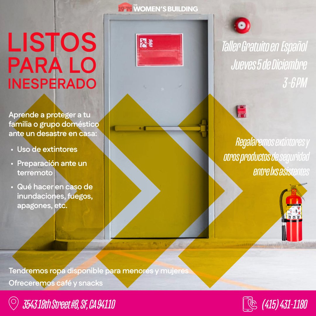 Mañana 5 de diciembre de 3-6 pm tenemos una cita en El Edificio de Mujeres!
¡Únete a nuestro taller gratuito y aprende cómo actuar ante incendios, terremotos e inundaciones!  
📷 También tendremos café y snacks para las asistentes!
facebook.com/events/4537067…