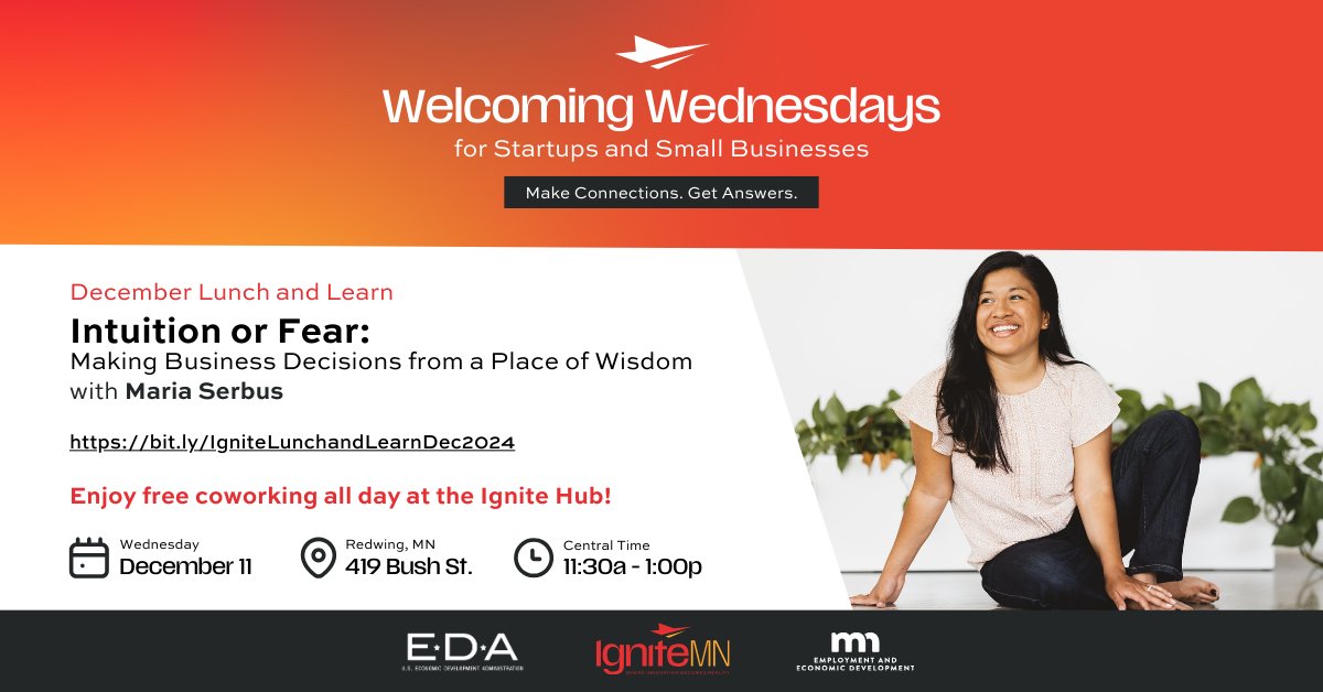 Ignite_MN's tweet photo. Next week is #WelcomingWednesday at IgniteMN!

Join us for a day of free coworking, legal consultations, and coaching, as well as an incredible #LunchandLearn session with coach Maria Serbus on how to lead with your intuition in business.

https://t.co/KhXMT55eFA

#MNStartups https://t.co/cL4D0jcjoX
