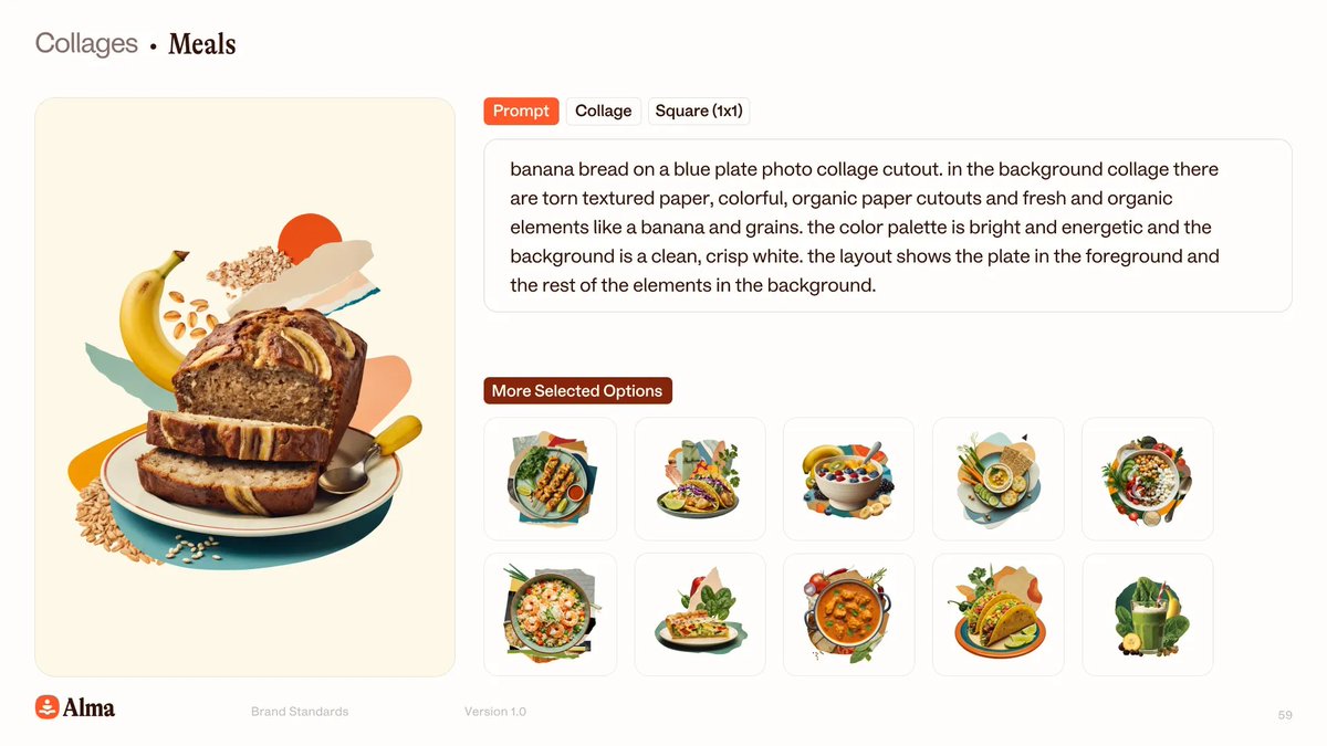 ai-generated imagery in branding can either flop—like Pentagram's recent work for Performance.gov—or be a major unlock, as seen in the collages for the food app <a href="/almaknowsfood/">Alma</a> by <a href="/mikesmith187/">Mike Smith</a>. the latter seamlessly aligns with the brand's spirit and positioning. i love