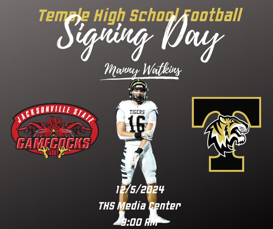 Temple Tigers Football (@temple_tigers) on Twitter photo Please join us as we celebrate Manny Watkins on his commitment to play at the next level. Our Signing Day event will be held tomorrow morning at 9 am in the Temple High Media Center. We would love to have u stop by to help celebrate Manny. Go Tigers! #TigerPride
<a href="/GradickSports/">Gradick Sports</a> Please join us as we celebrate Manny Watkins on his commitment to play at the next level. Our Signing Day event will be held tomorrow morning at 9 am in the Temple High Media Center. We would love to have u stop by to help celebrate Manny. Go Tigers! #TigerPride
<a href="/GradickSports/">Gradick Sports</a>
