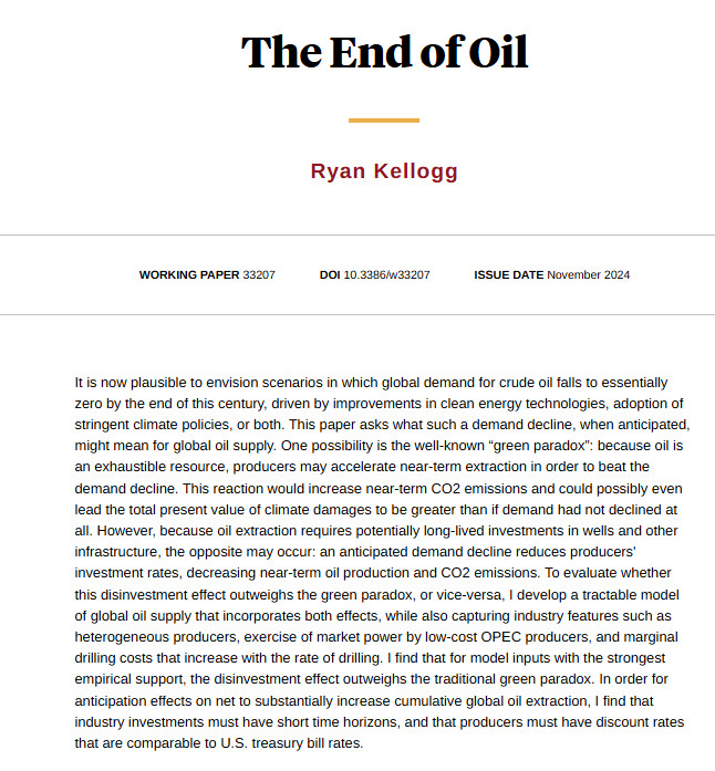 NBER (@nberpubs) on Twitter photo A long-run policy or technology-driven decline in oil demand will likely lead to oil supply disinvestment, rather than a green paradox in which producers accelerate extraction, from <a href="/RyanMKellogg/">Ryan Kellogg</a> nber.org/papers/w33207 A long-run policy or technology-driven decline in oil demand will likely lead to oil supply disinvestment, rather than a green paradox in which producers accelerate extraction, from <a href="/RyanMKellogg/">Ryan Kellogg</a> nber.org/papers/w33207