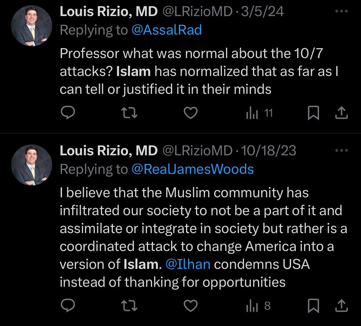 StopArabHate's tweet photo. 🚨 “I believe the Muslim community has infiltrated our society”

- Dr. Louis Rizio, orthopedic surgeon at @RWJBarnabas in New Jersey https://t.co/AdiQNgdfPe