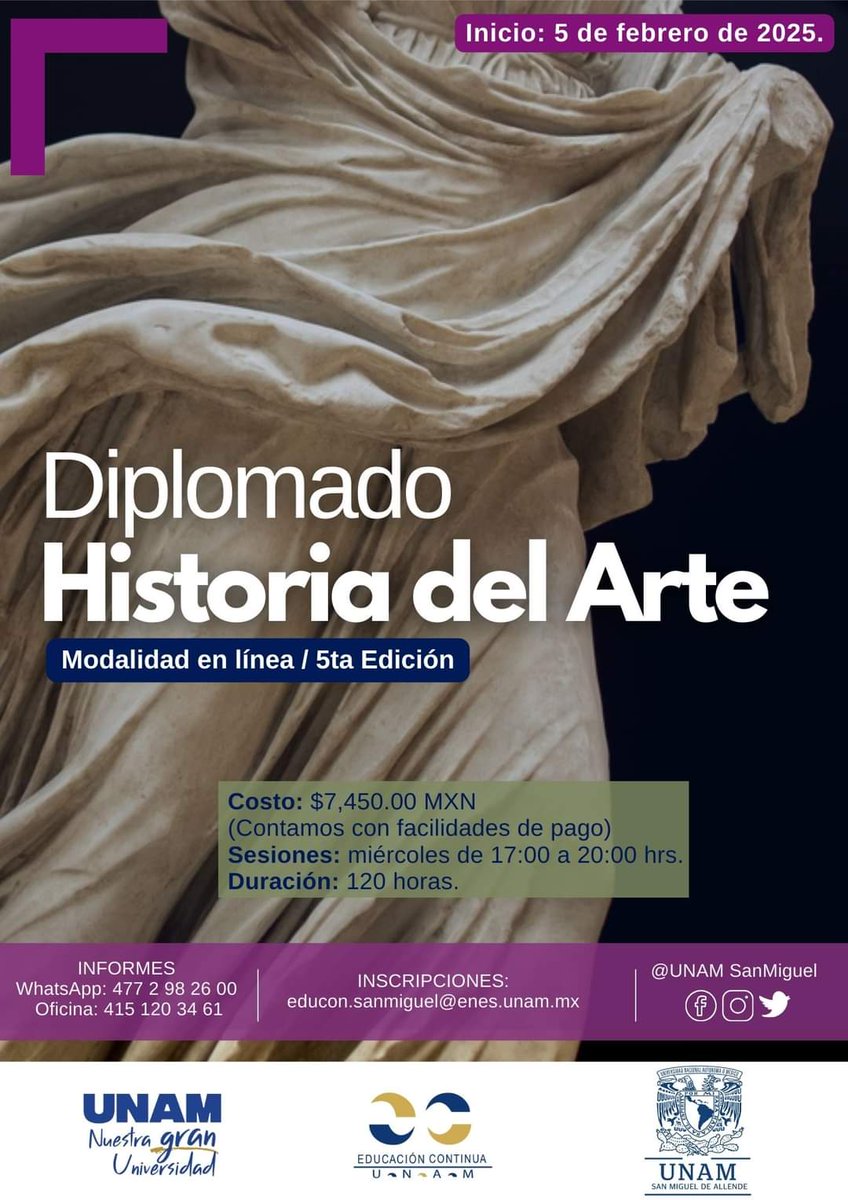 𝐃𝐢𝐩𝐥𝐨𝐦𝐚𝐝𝐨 𝐞𝐧 Historia del Arte Modalidad en linea.

👉Descarga el programa: acortar.link/2ajxJn

𝗜𝗻𝗶𝗰𝗶𝗼: 5 de febrero de 2025.
Modalidad: en línea.
Inversión: $7,450.00

Informes:
WhatsApp: 477 298 26 00
Inscripciones:
educon.sanmiguel@enes.unam.mx