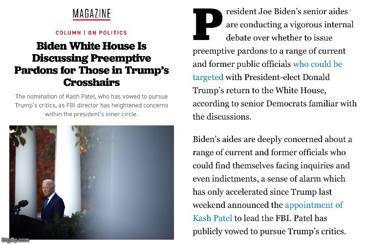 🚨PANIC IN DC!🚨

Politico: “senior Democrats familiar with discussions” claim the Biden regime are debating issuing preemptive pardons for Deep State criminals like Fauci, Adam Schiff, and Liz Cheney.

They know their crimes are about to be exposed.

The corruption runs deep.